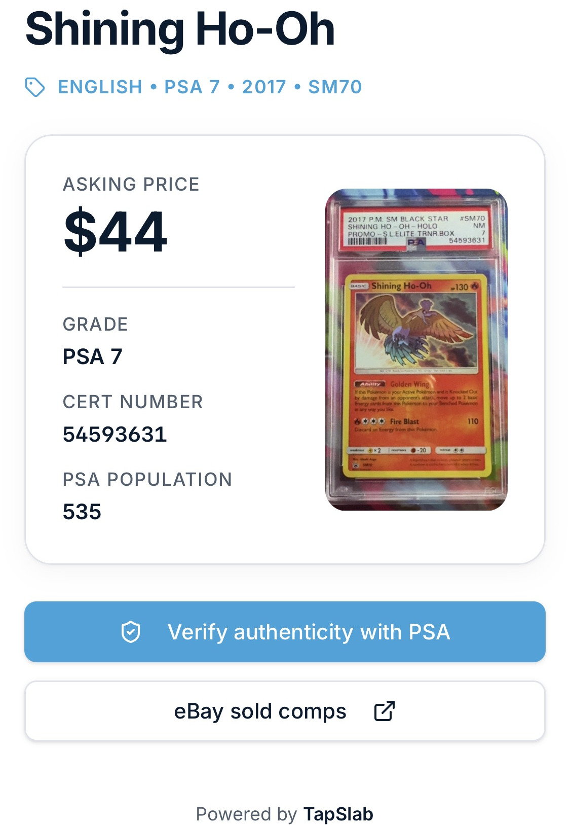 Live card data page showing price, grade, and pop count